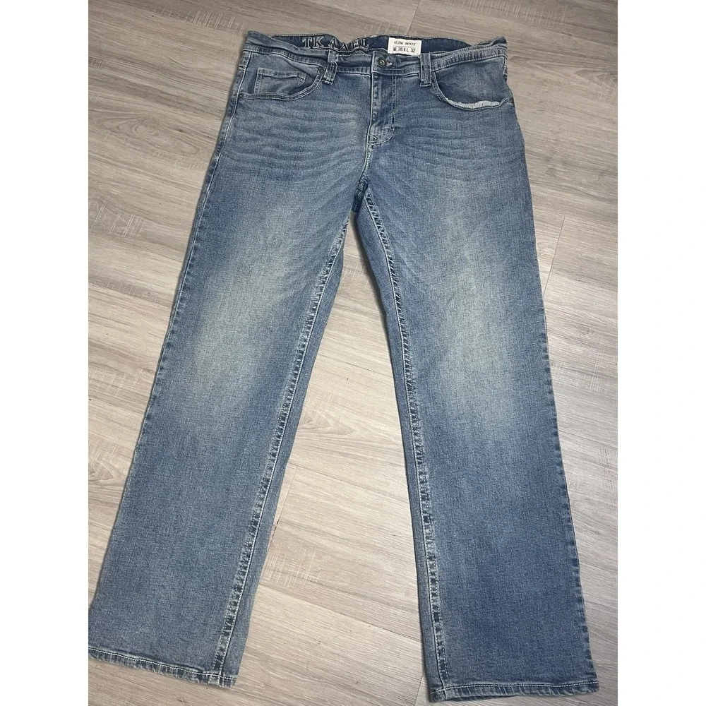 TK Axel Jeans Mens 36x32 (Fits 36x31) Slim Boot Cut Denim Stretch Thick Stitch